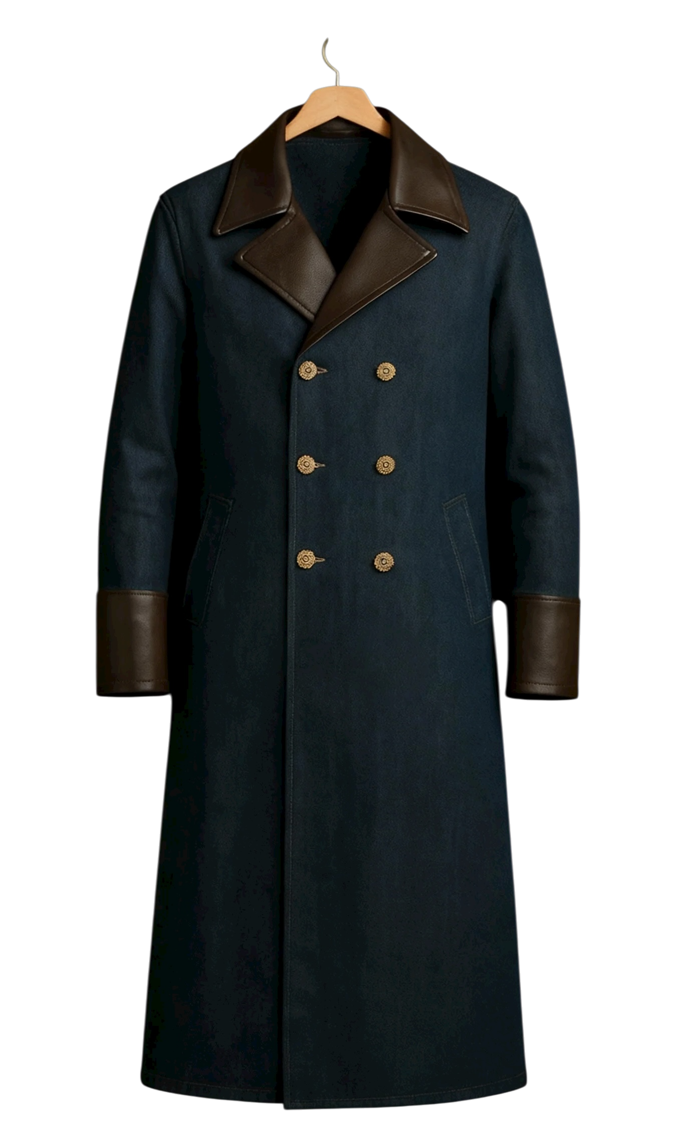 The Midnight Officer Coat — Indigo Denim Espresso Leather Edition