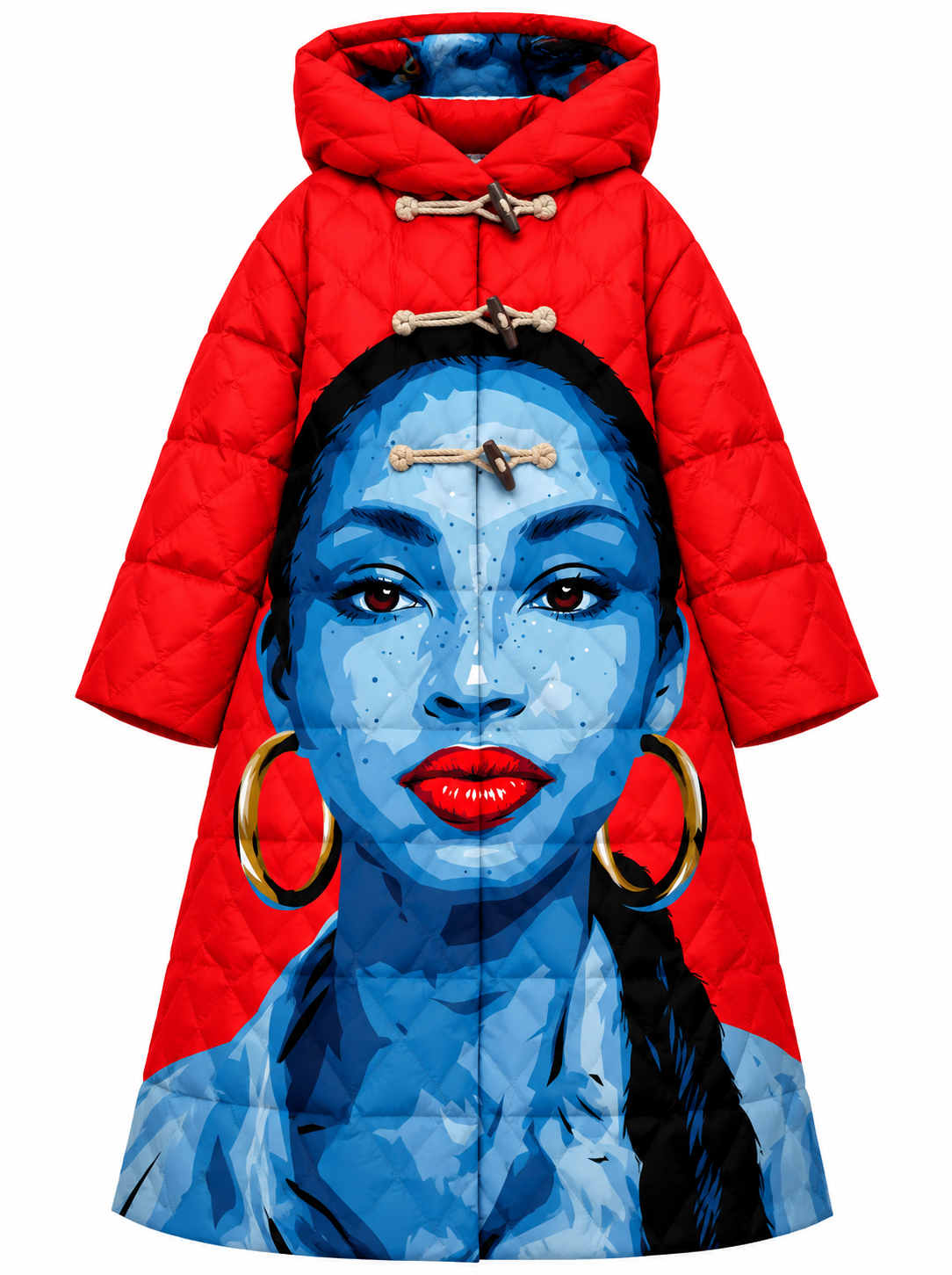 Diamond Life Grand Puffer Coat front on white background: red diamond quilting, blue portrait graphic and three rope-and-toggle closures