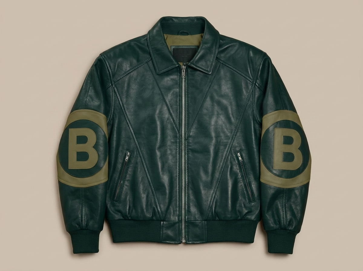 Great Ball Leather jacket in forest green and olive, front