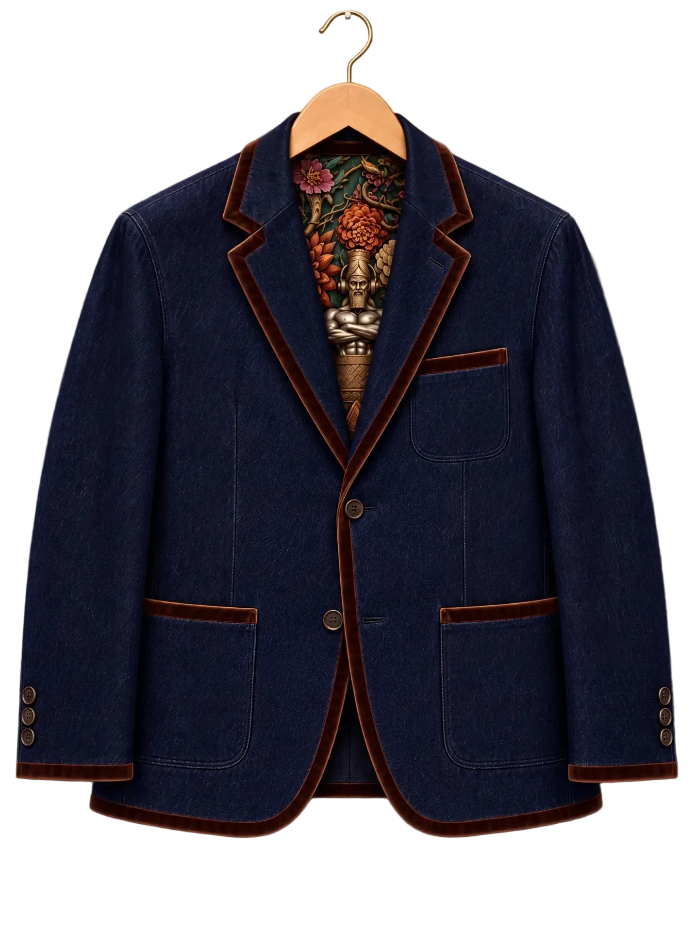 Velvet Voice denim blazer, Espresso Chocolate velvet trim, front on hanger